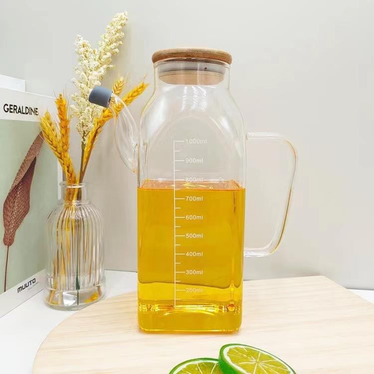 Simple Design Square Clear Thickened Durable High Borosilicate Glass Oil Pot With Handle and Bamboo