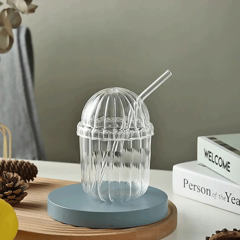 High Borosilicate Cartoon Bobo Glass Cup – With Lid &amp; Straw