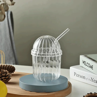 High Borosilicate Cartoon Bobo Glass Cup – With Lid &amp; Straw