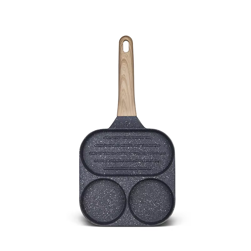 3 Hole Non Stick Die-Cast Frying Egg and Steak Fry Pan Marble Coating Cooker for Breakfast Induction Fry Pan