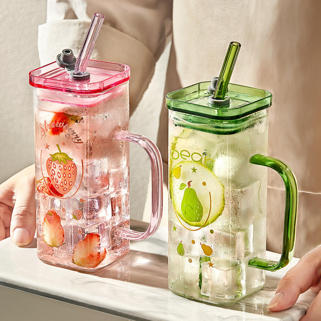 New Fashion 350ml Square Glass Reusable High Borosilicate Clear Beer Boba Drinking Mug Glass Cup with Lid and Straw