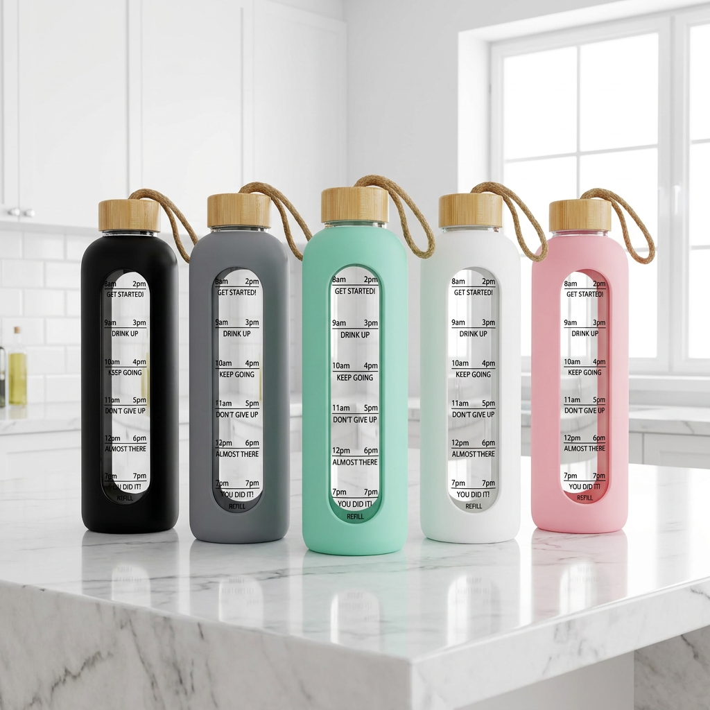 32 Oz Borosilicate Glass Water Bottle with Bamboo Lid | Leak-Proof Motivational Bottle with Silicone Sleeve