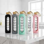 32 Oz Borosilicate Glass Water Bottle with Bamboo Lid | Leak-Proof Motivational Bottle with Silicone Sleeve