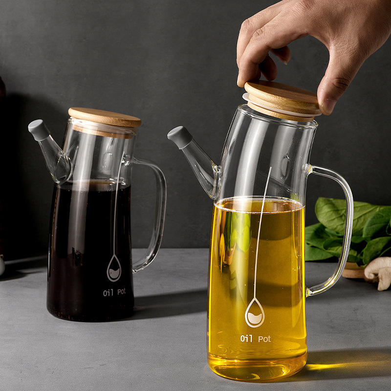 High Borosilicate Glass Oil Pot with Handle and Bamboo Lid – Transparent Thick Glass Oil Container for Kitchen