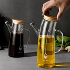 High Borosilicate Glass Oil Pot with Handle and Bamboo Lid – Transparent Thick Glass Oil Container for Kitchen