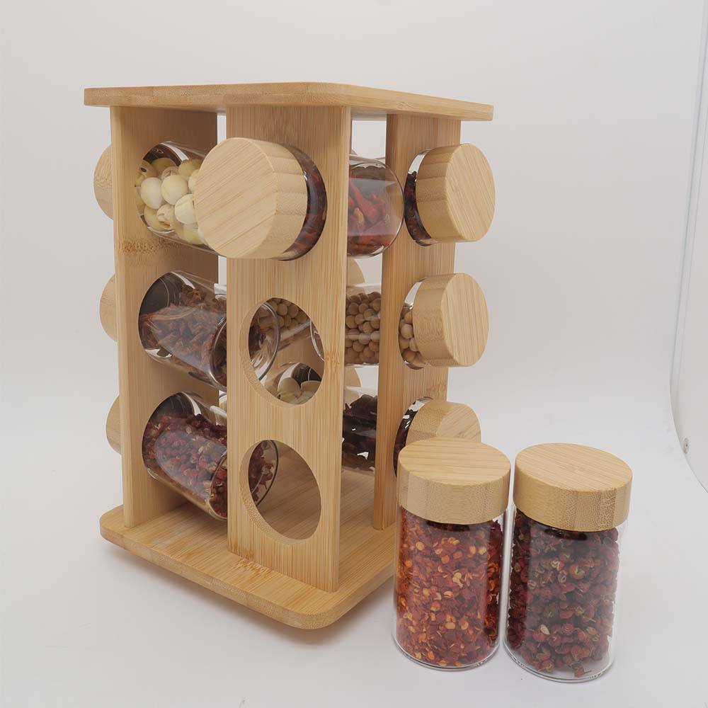 Kitchen Desktop Multi Functional Cooking Tool Spice Jars Organizer 3 Tiers 12 Cans Bamboo Rotating Spice Storage Rack