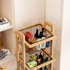 Modern Minimalist Beech Wood & Iron Storage Shelf | 3-Basket Movable Rectangular Organizer for Living Room