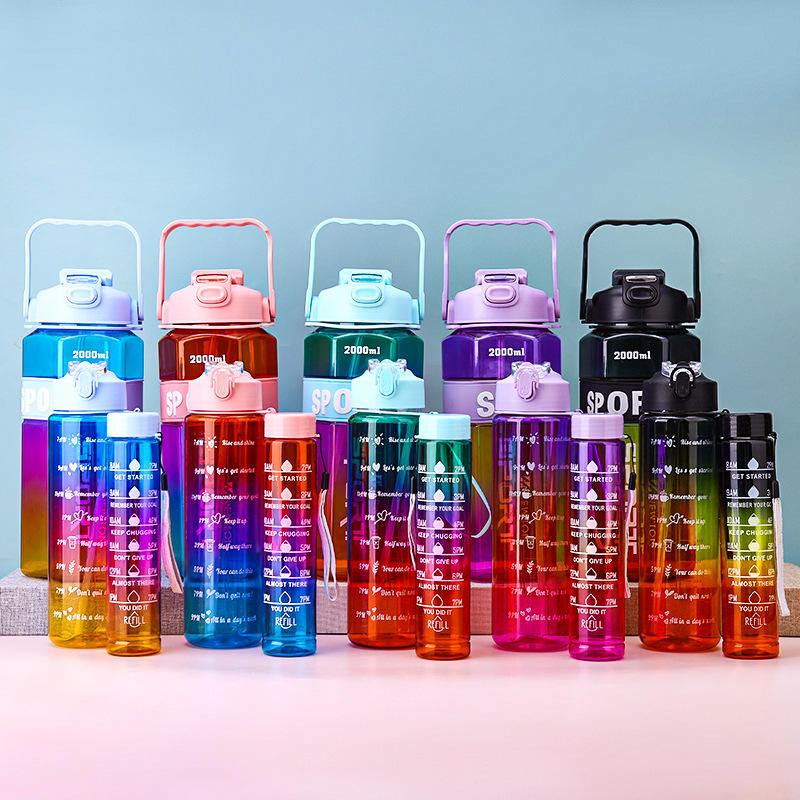 3-in-280ml/750ml/2000ml Capacity PP PC Silicon Food Grade Motivational Water Bottle with Time Marker One Click Open Cap