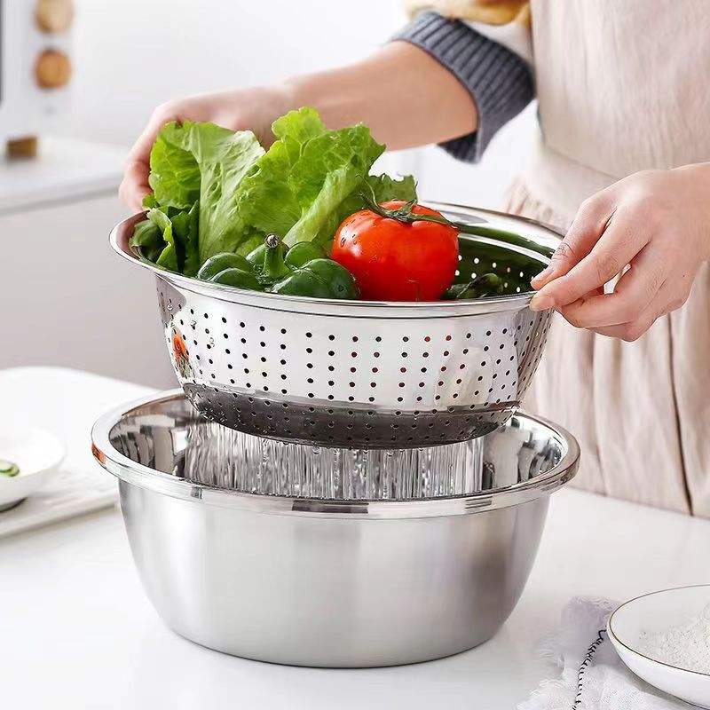 3pcs Stainless Steel Kitchen Tools Set – Chopper, Slicer, Grater &amp; Drain Basin