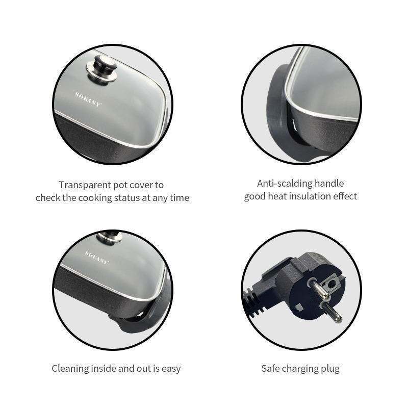 110V 220V 6L 1500W Adjustable Temperature Control Nonstick Coating Electric Skillet and Frying Pan with Glass Lid