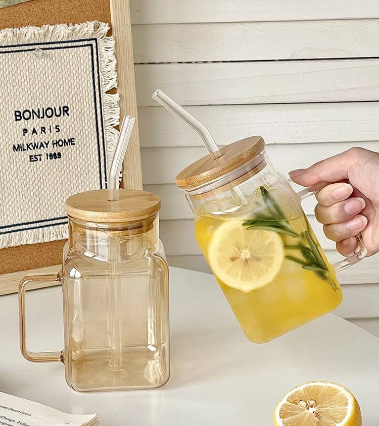 450ml Sublimation Glass Cup with Handle, Bamboo Lid & Glass Straw | 15oz Clear Ribbed Glass Tumbler