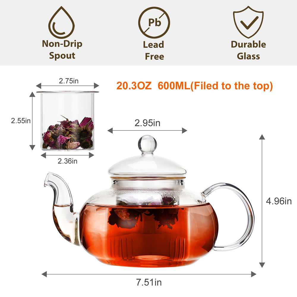 
Elegant glass tea kettle with removable filter