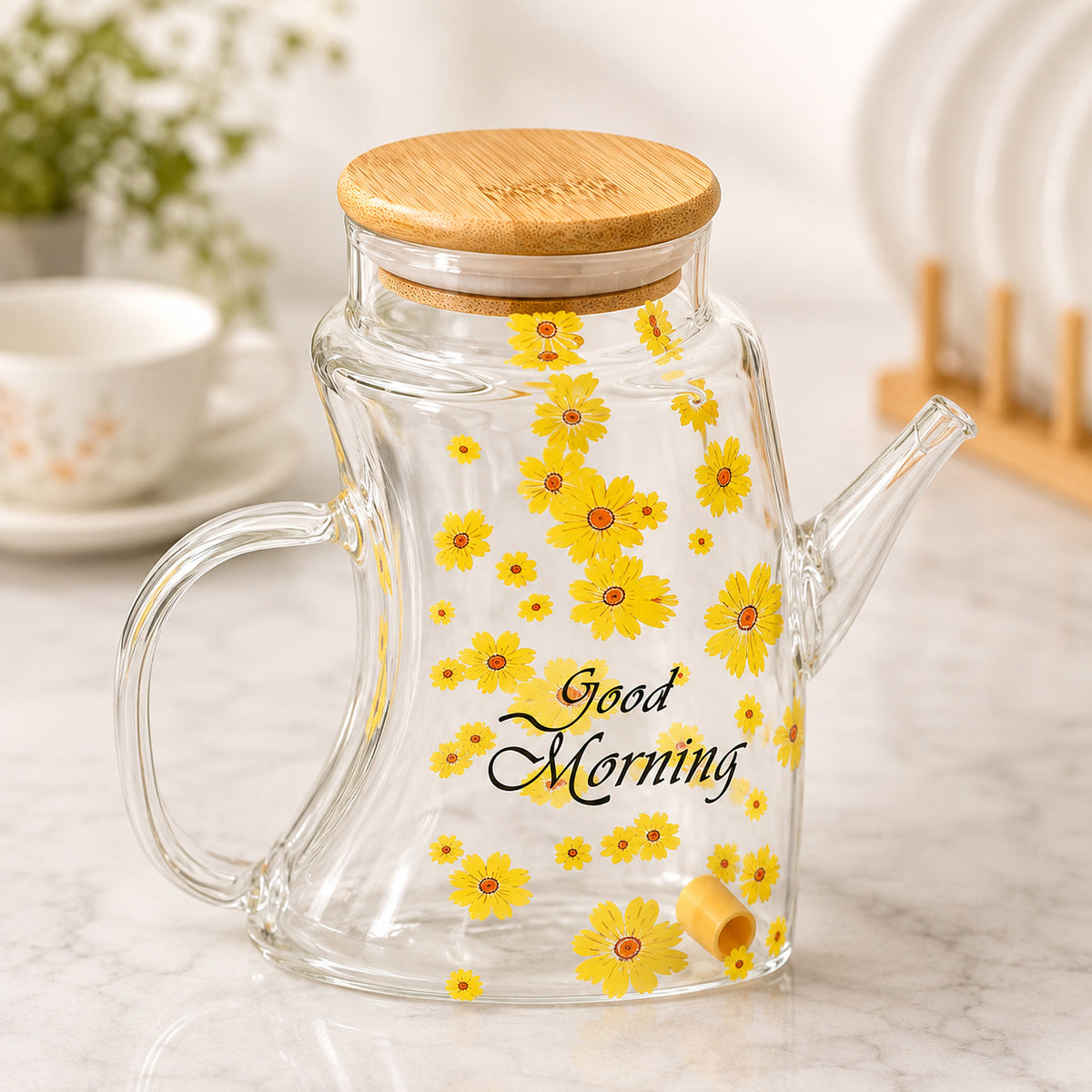Heat-resistant glass cooking oil dispenser with bamboo lid