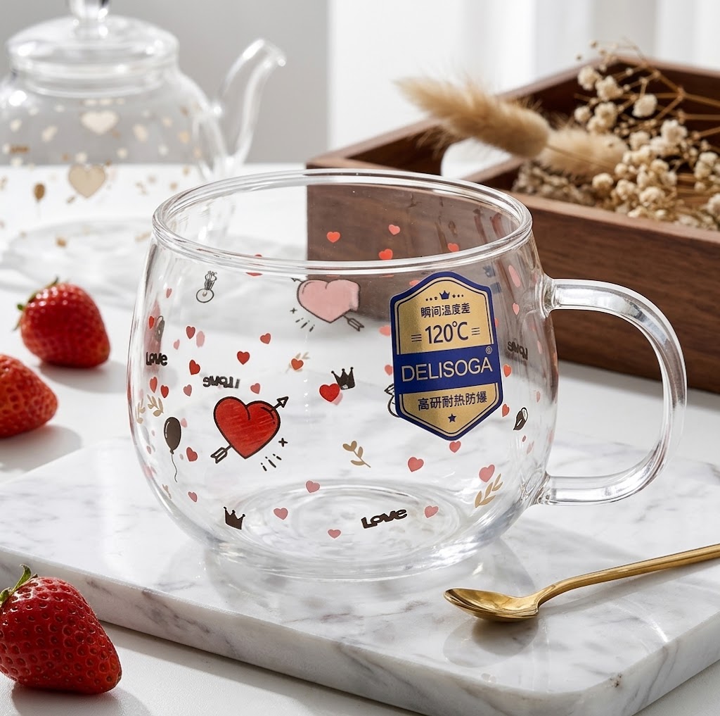 Love printed transparent glass tea cup set