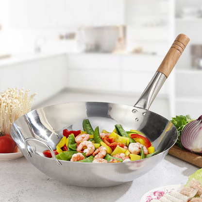 
Heavy-duty stainless steel wok with ergonomic wooden handle