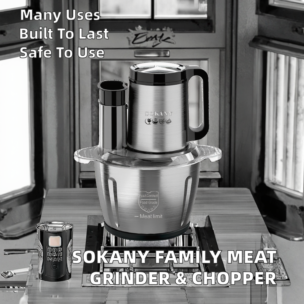 Sokany family meat grinder and chopper on a kitchen counter with text about its uses and safety.