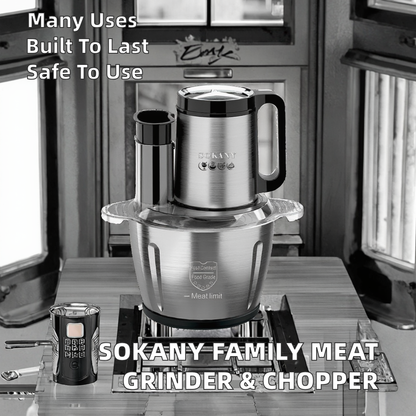 Sokany family meat grinder and chopper on a kitchen counter with text about its uses and safety.
