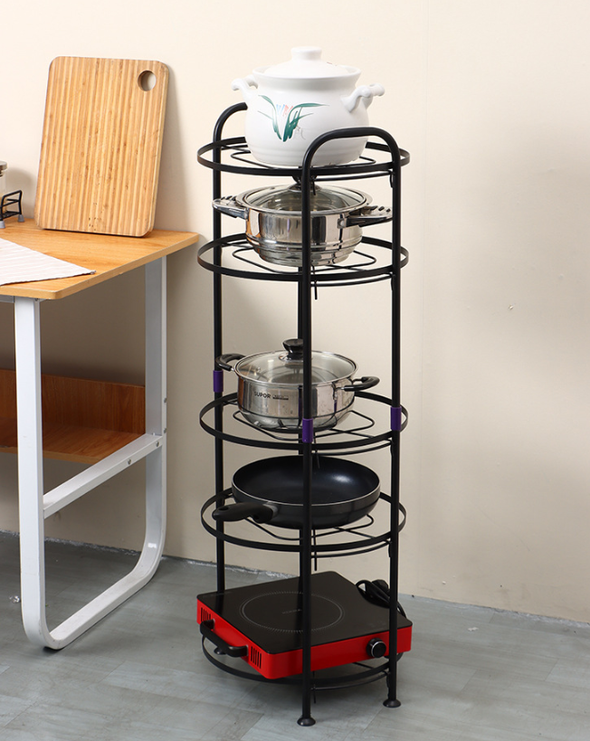 Multi- 5 Layer Black Metal Kitchen Corner Pot Rack Kitchen Islands & Carts Tiered Pot Rack for Efficient Cabinet Organization