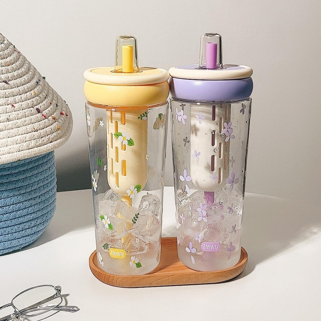 1000ml Cute Fruit &amp; Flower Print Plastic Water Bottle with Straw – BPA-Free Leak-Proof Tumbler for Kids