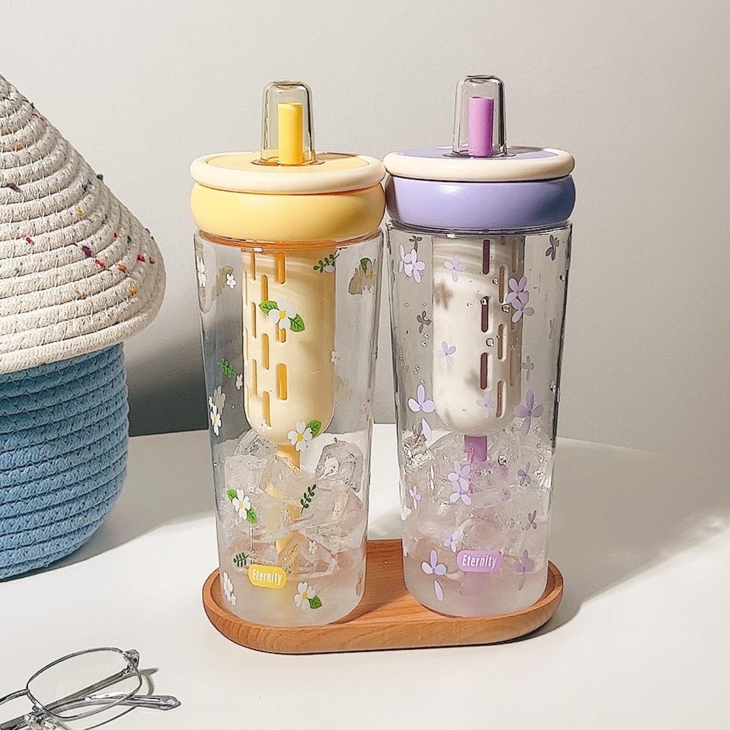 1000ml Cute Fruit &amp; Flower Print Plastic Water Bottle with Straw – BPA-Free Leak-Proof Tumbler for Kids