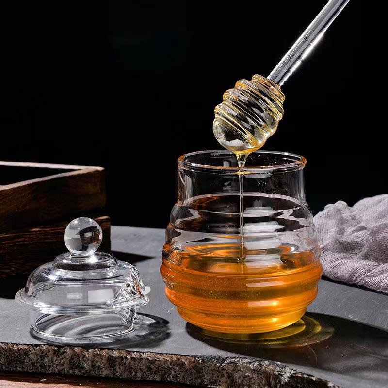 300ml Handmade Honey Jar – Honeycomb Glass with Dipper