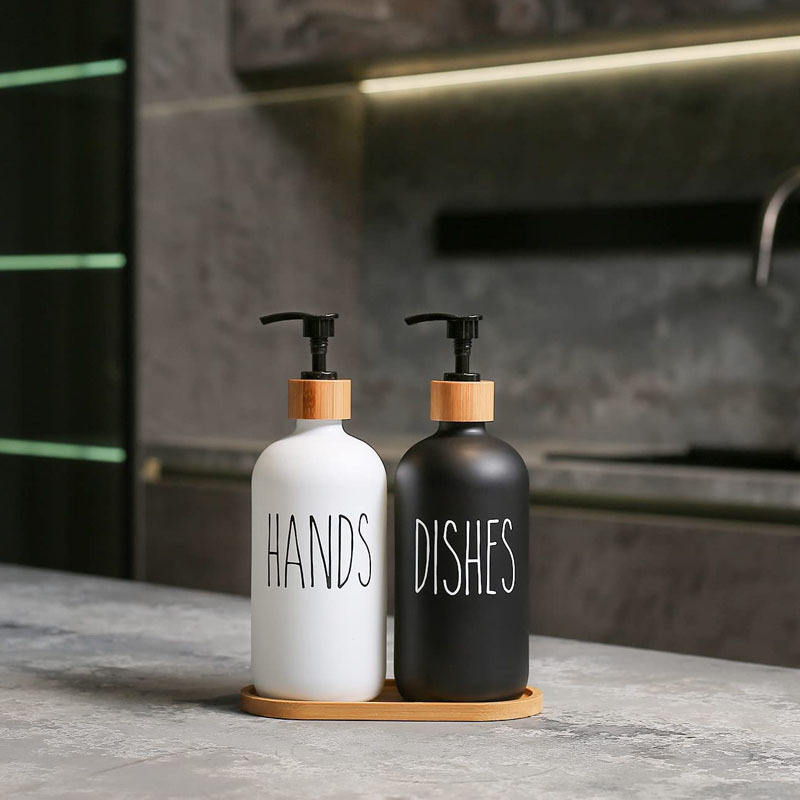 6oz / 500ml Glass Lotion &amp; Soap Dispenser – White &amp; Black with Bamboo Pump Cover