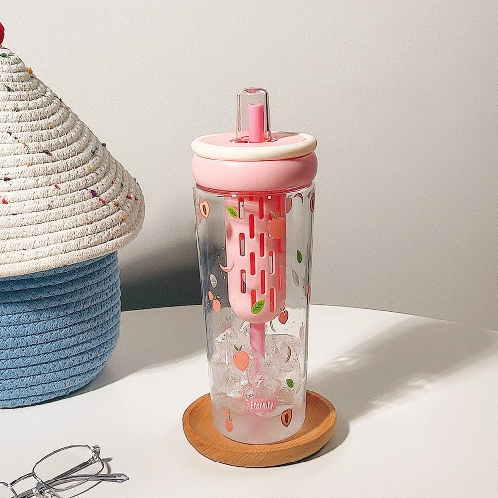 1000ml Cute Fruit &amp; Flower Print Plastic Water Bottle with Straw – BPA-Free Leak-Proof Tumbler for Kids