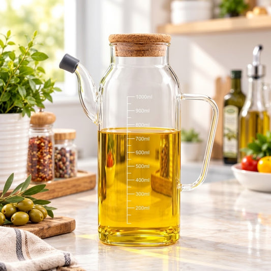 High Borosilicate Glass Oil Bottle with Weight Lid | 750ml–1000ml Transparent Oil Dispenser for Kitchen Storage