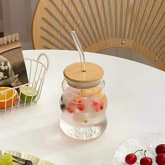 High borosilicate glass coffee bottle with threaded straw
