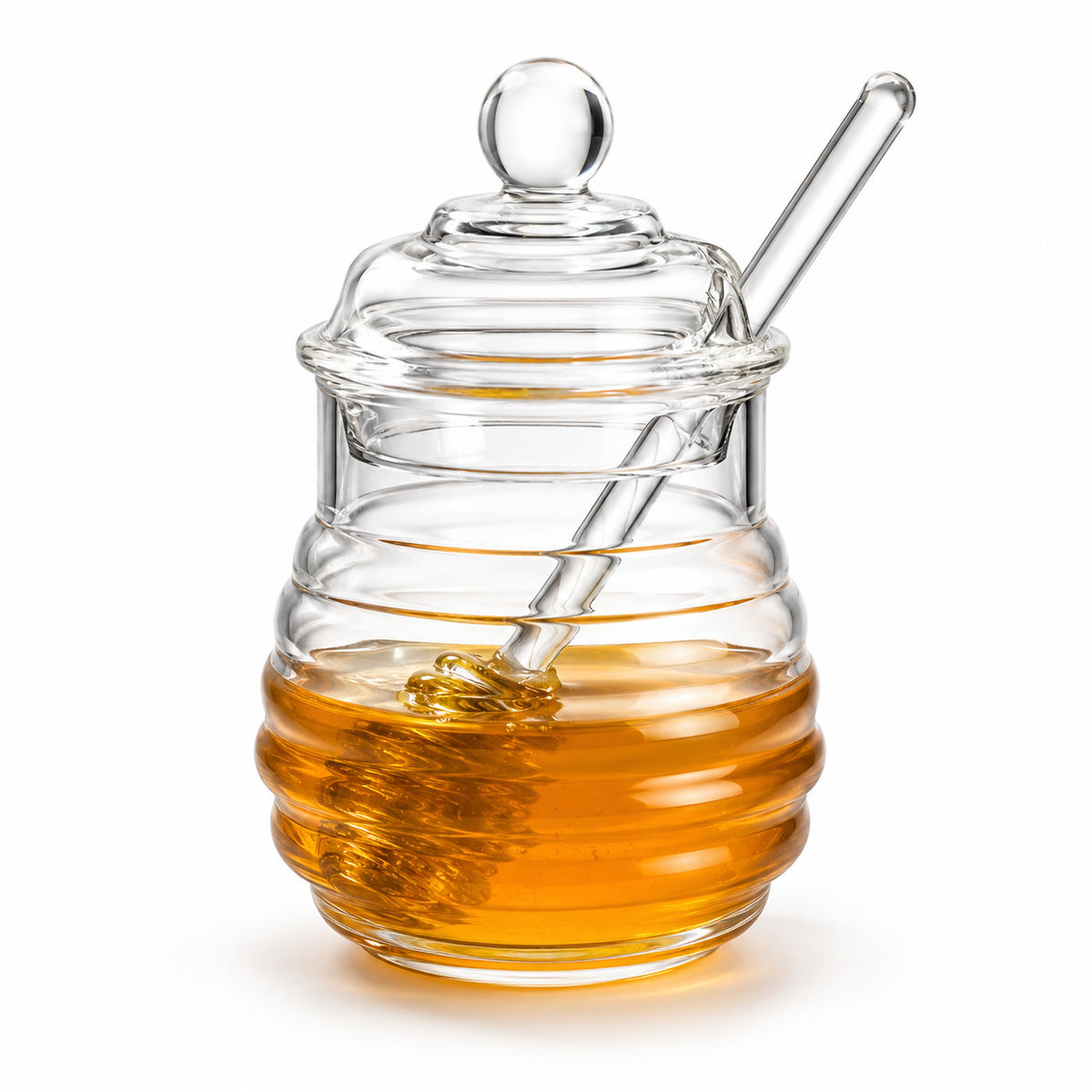 300ml Handmade Honey Jar with Dipper | Borosilicate Honeycomb Glass Storage Jar