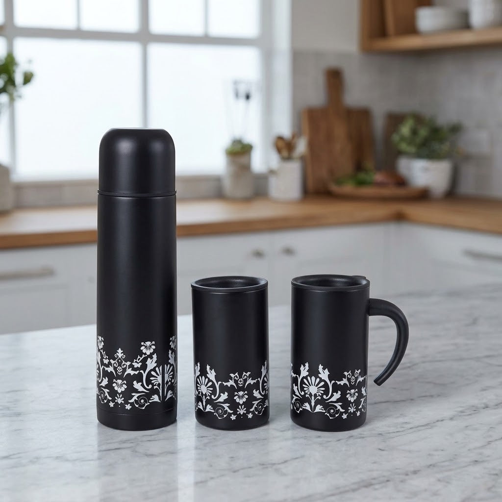 Insulated thermos flask with matching mug
