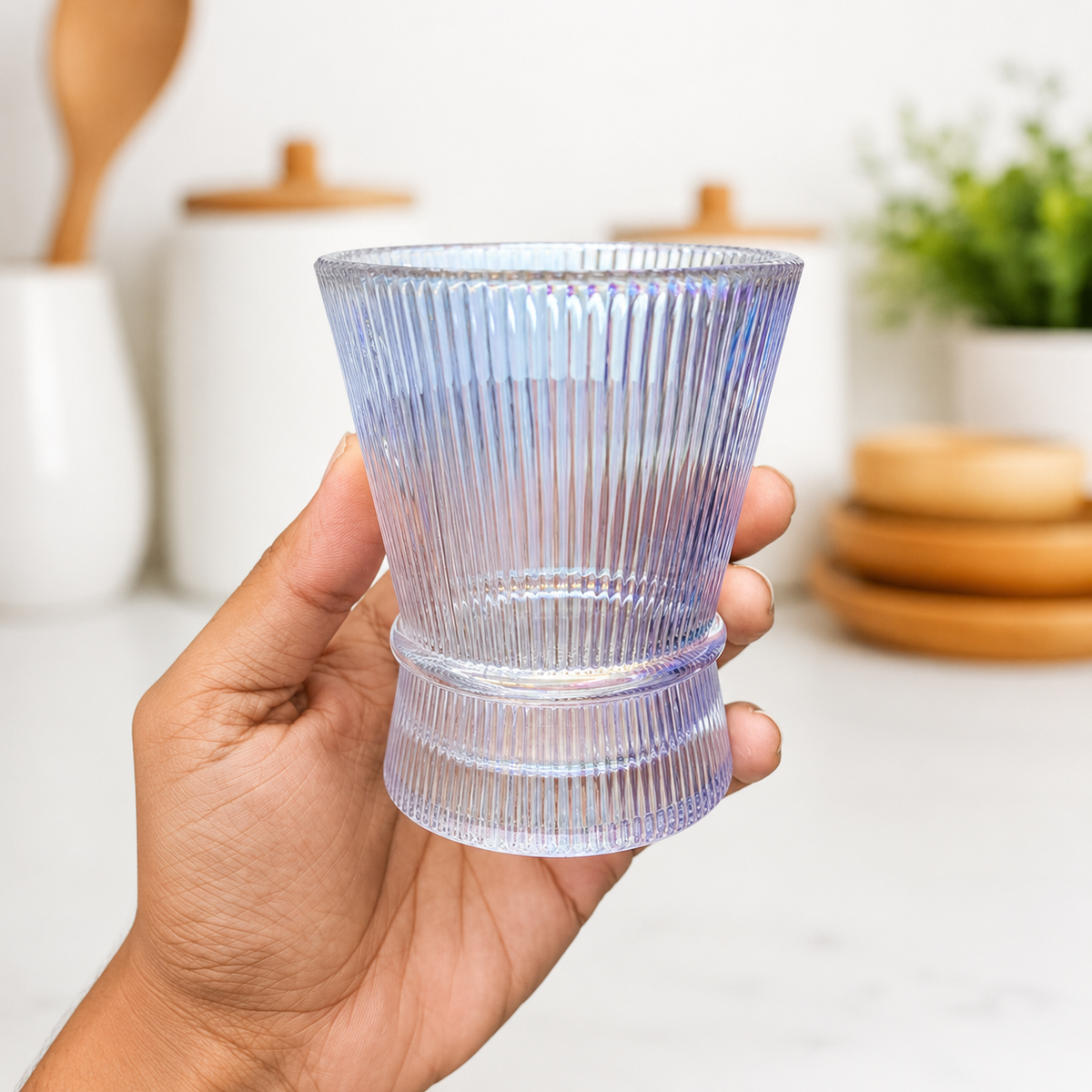 Striped Glass Coffee Cup | Ribbed Glass Tumbler for Coffee, Juice, Whiskey & Desserts