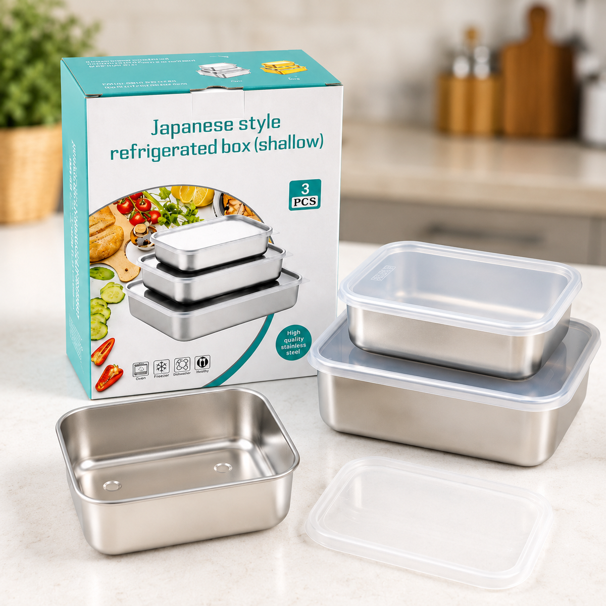 3 Piece Stainless Steel Food Storage Container Set with Airtight Fiber Lid | Reusable Kitchen Storage Boxes