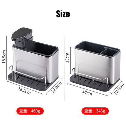 Kitchen soap dispenser with sponge holder and storage tray
