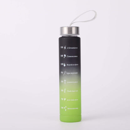 
Leak-proof water bottle with time marker and straw