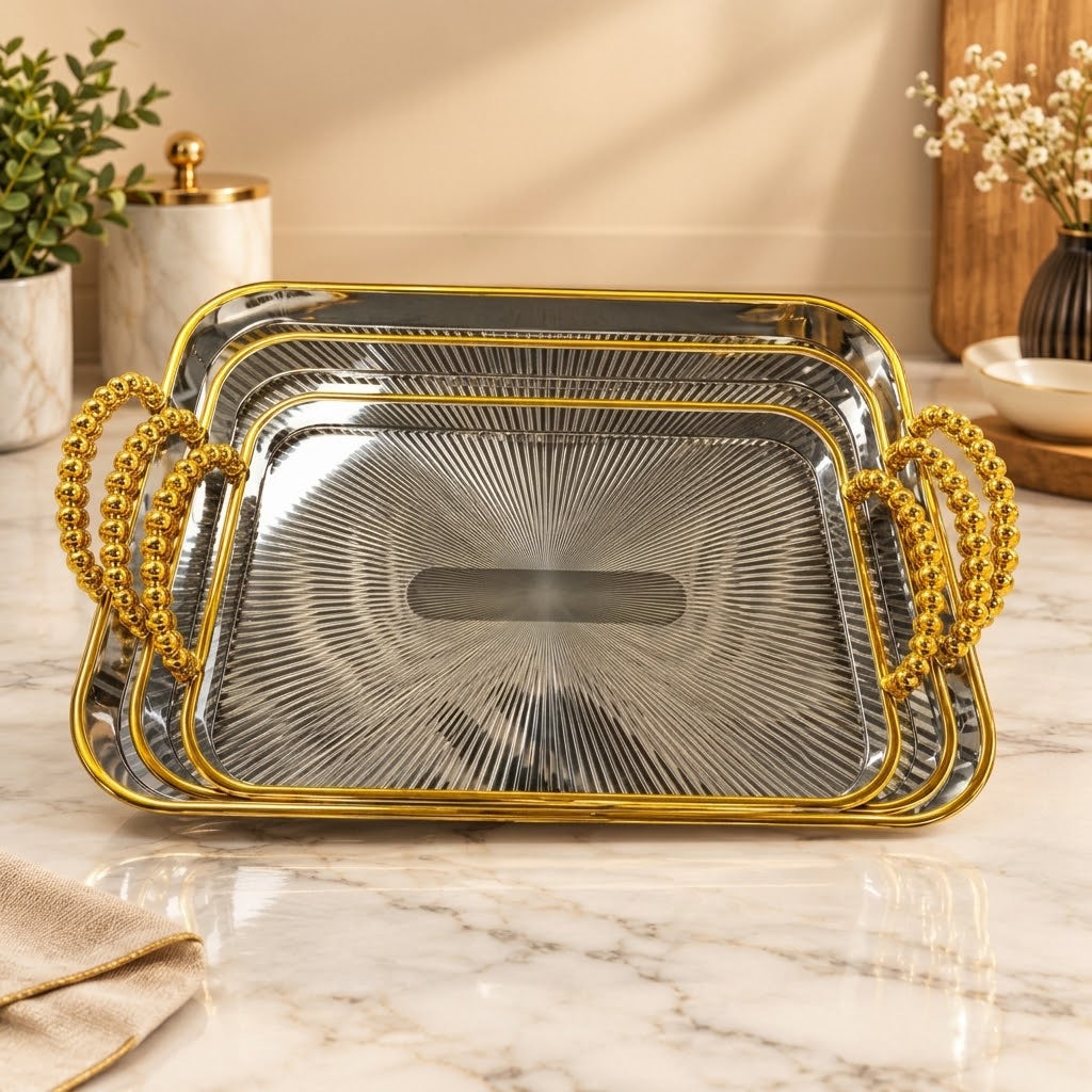 Elegant rectangular golden trays for snacks, fruits, and desserts