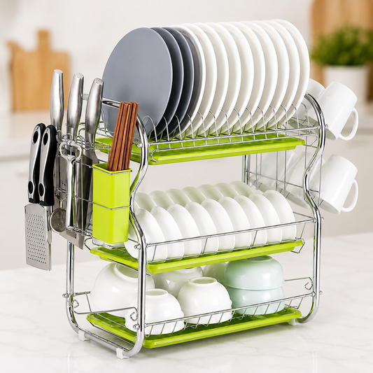 3-Tier Metal Dish Drying Rack | Multi-Functional Bowl Plate Organizer with Chopstick & Cup Holder