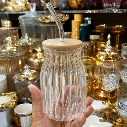 Premium 450ml ribbed glass cup for coffee tea and smoothies