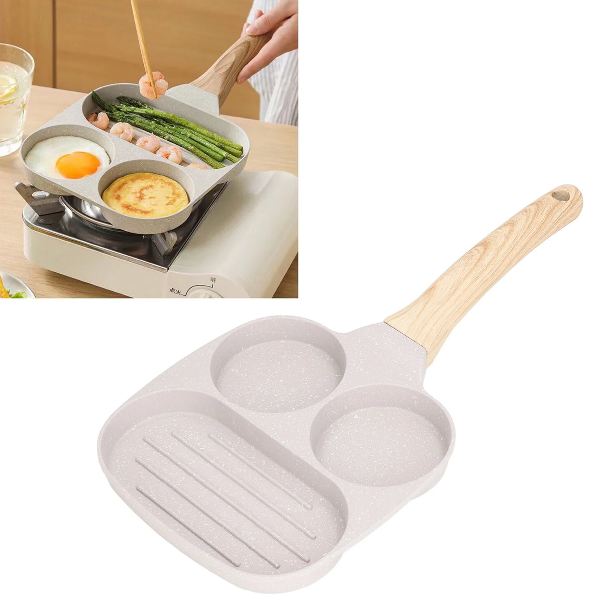
Marble coated non-stick breakfast frying pan with three sections