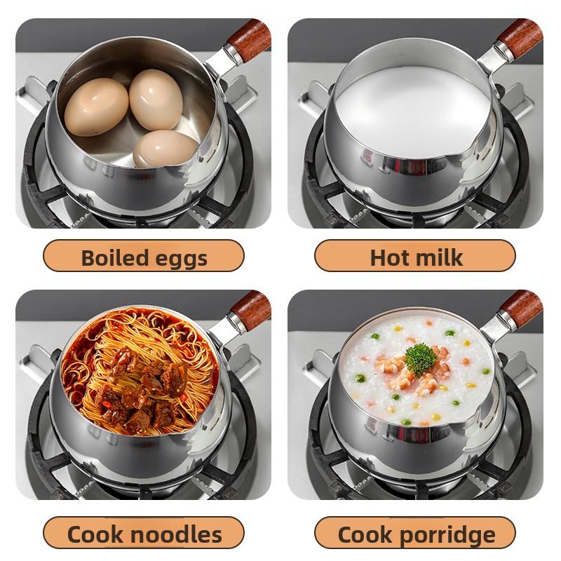 
Milk boiling saucepan with wooden handle and glass lid