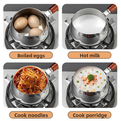 
Milk boiling saucepan with wooden handle and glass lid