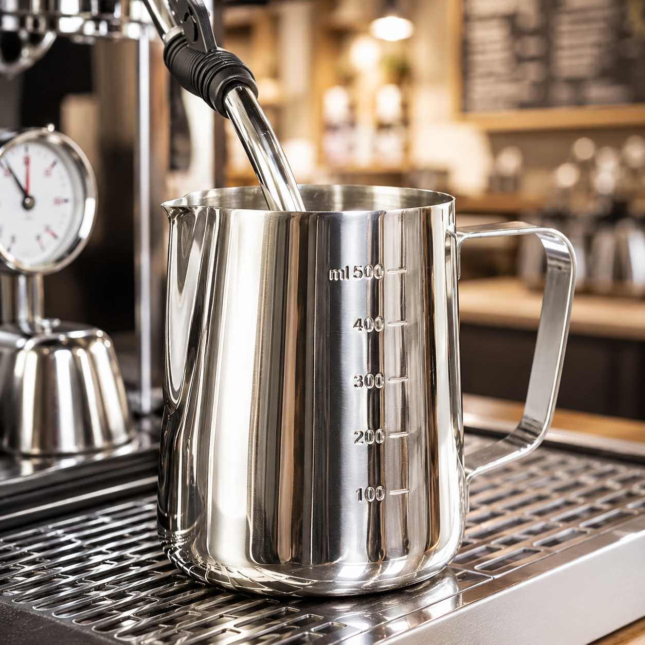 Stainless Steel Milk Frothing Pitcher with Measurement Scale | Barista Milk Jug for Latte Art & Coffee
