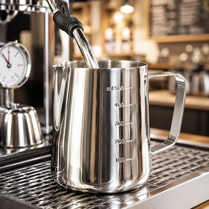 Stainless Steel Milk Frothing Pitcher with Measurement Scale | Barista Milk Jug for Latte Art & Coffee