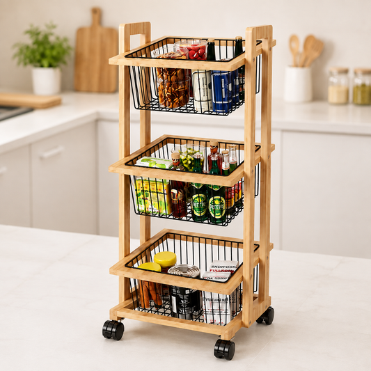 Modern Minimalist Beech Wood & Iron Storage Shelf | 3-Basket Movable Rectangular Organizer