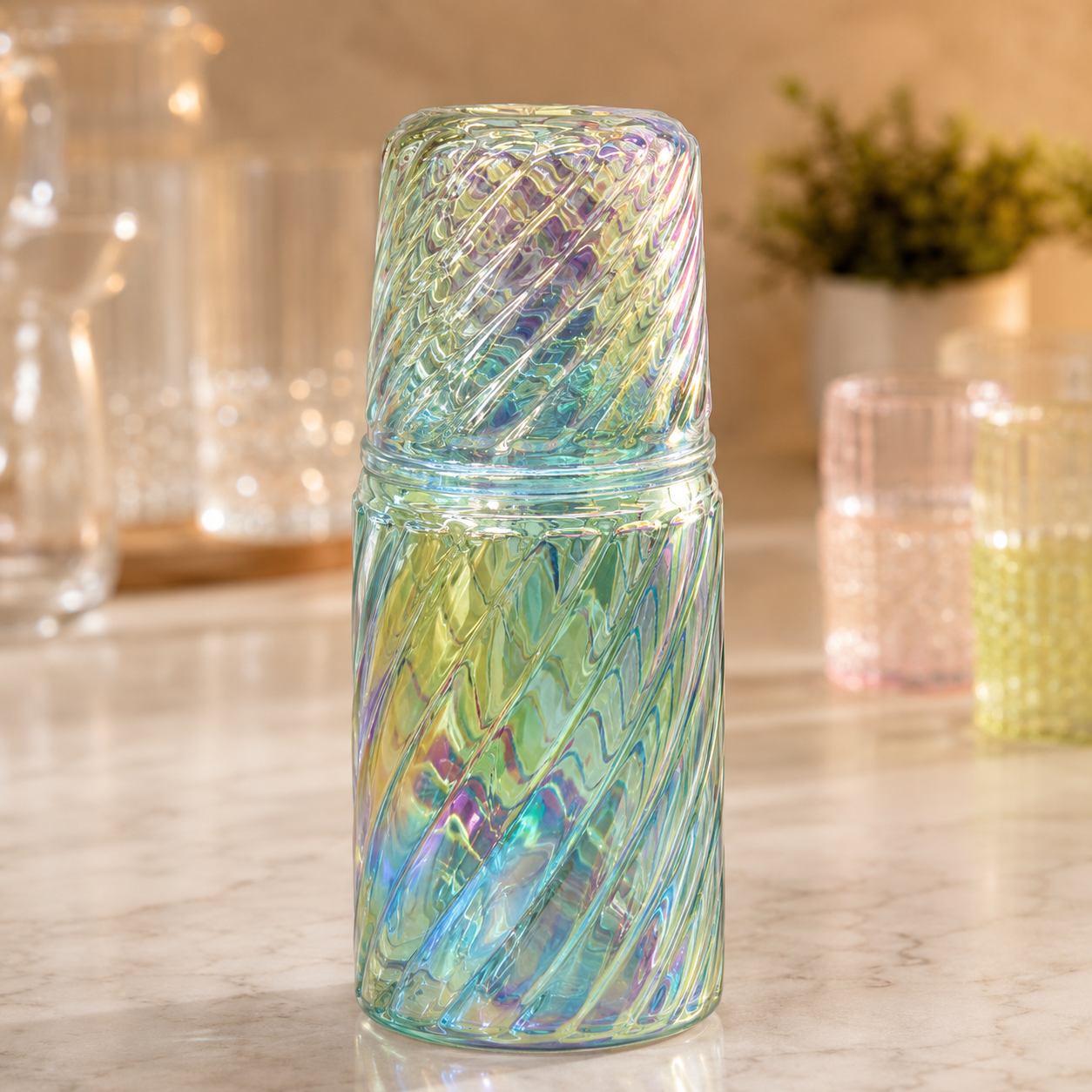 
Modern glass beverage bottle with cup lid
