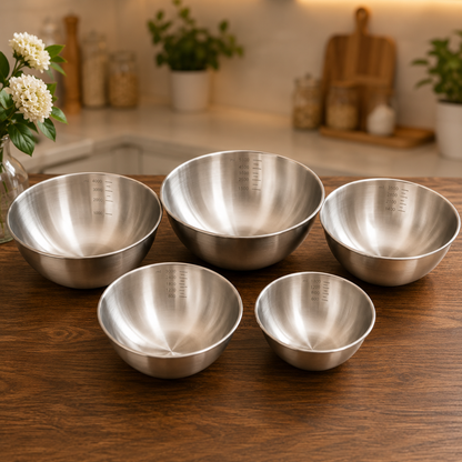 Modern kitchen with stainless steel bowls
