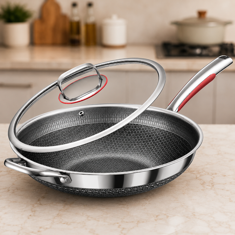 316 Stainless Steel Honeycomb Wok Frying Pan with Glass Lid | Non-Stick Wok for Gas & Induction (32cm/34cm)