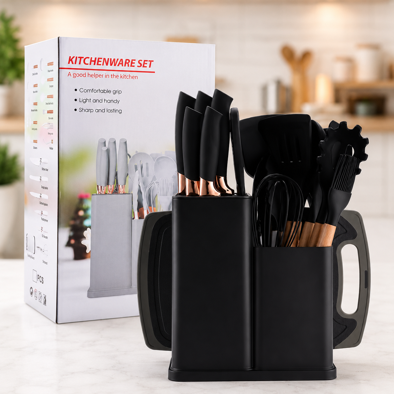 Modern kitchenware set on marble countertop