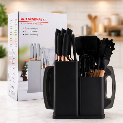 Modern kitchenware set on marble countertop