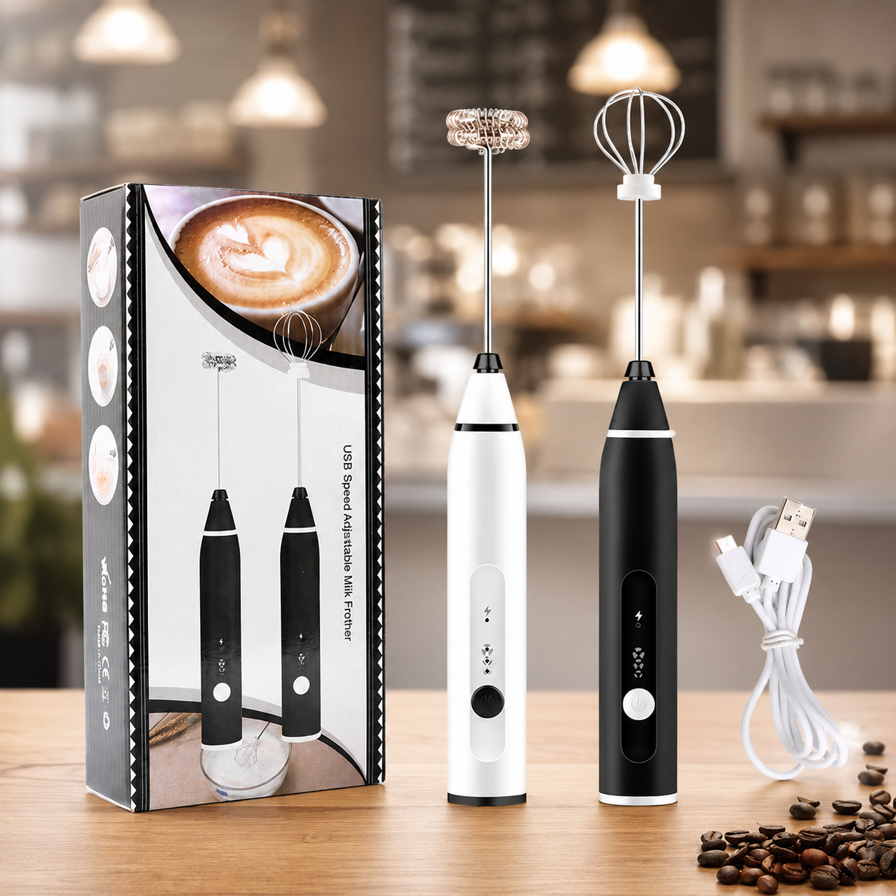 USB rechargeable electric milk frother with stainless steel whisk